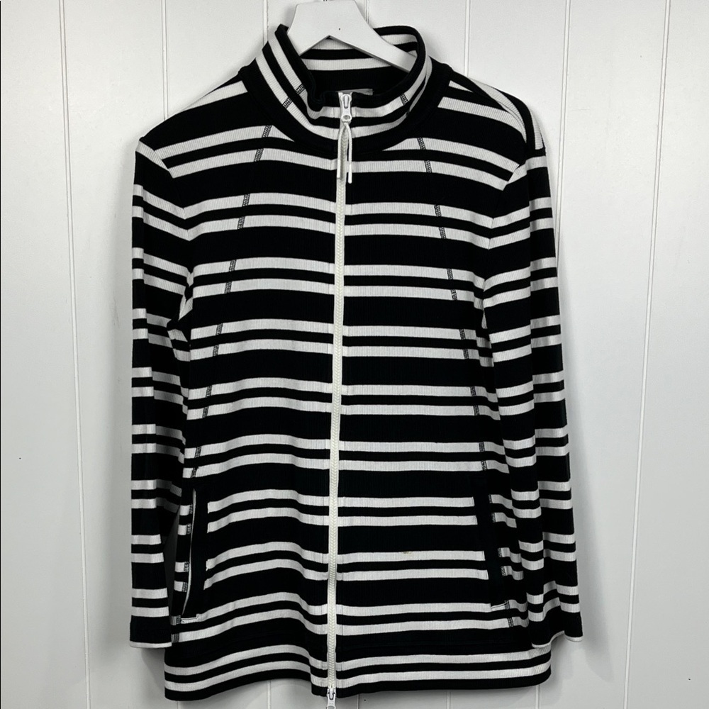 T by Talbots Womens Lightweight Jacket L Black White Stripe Front Zip Pockets